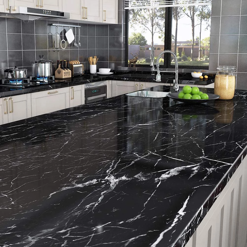 (Pack of 5) Self Adhesive Black  Marble Sheet for Kitchen